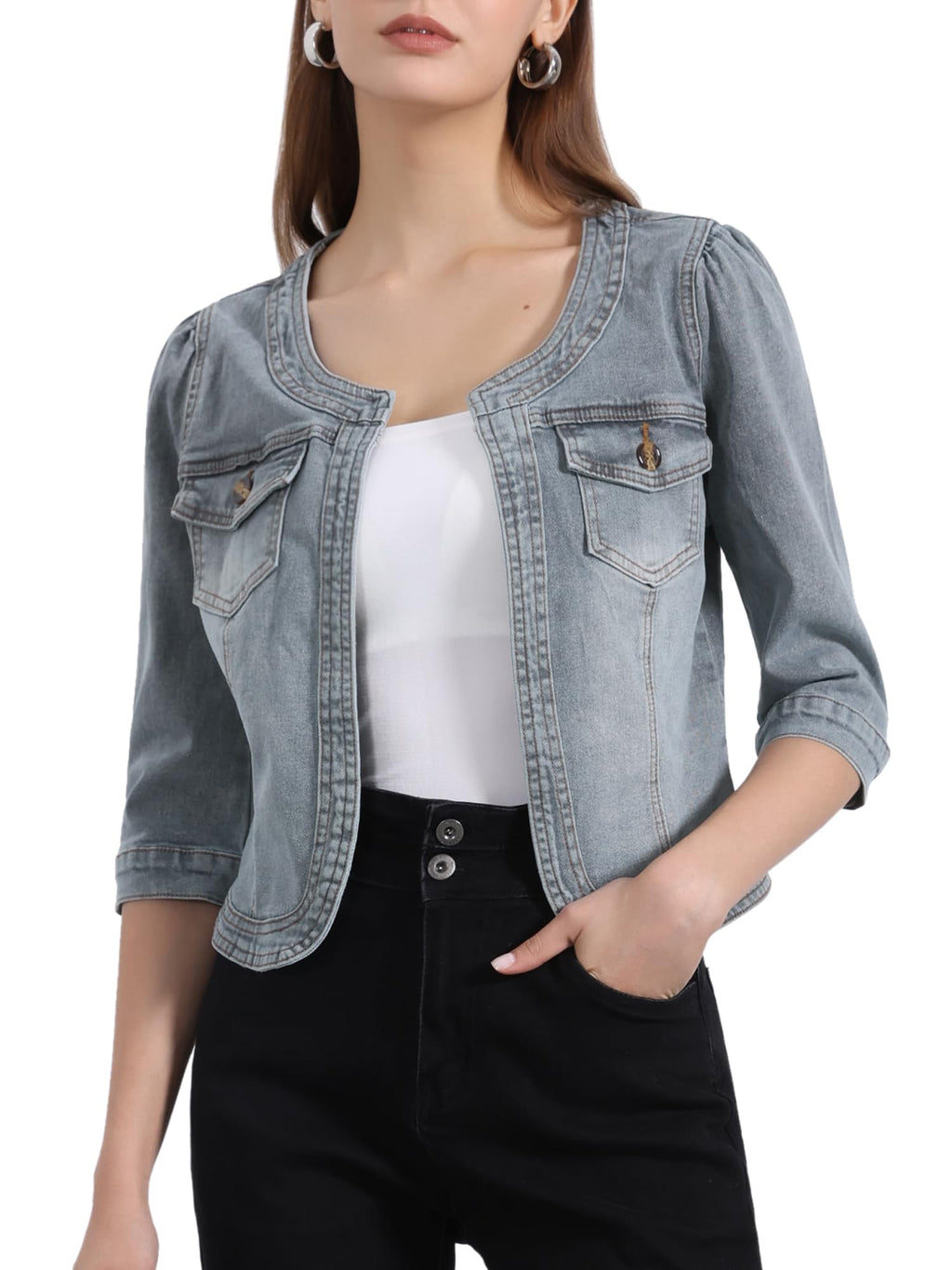 Allegra K Women's Denim Cardigan 3/4 Sleeve Collarless Jean Jackets - Gray