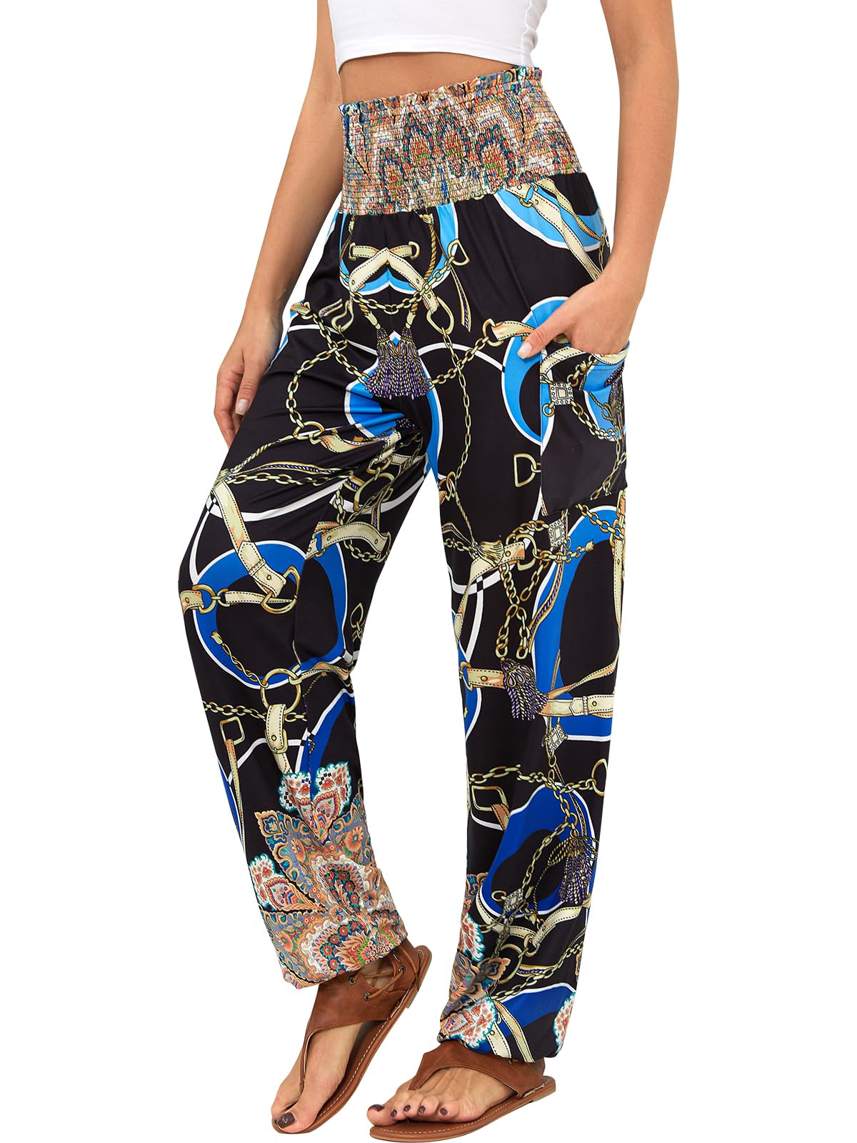 Qianxizhan Women's Harem Pants High-Waist Yoga Boho - Chain Blue