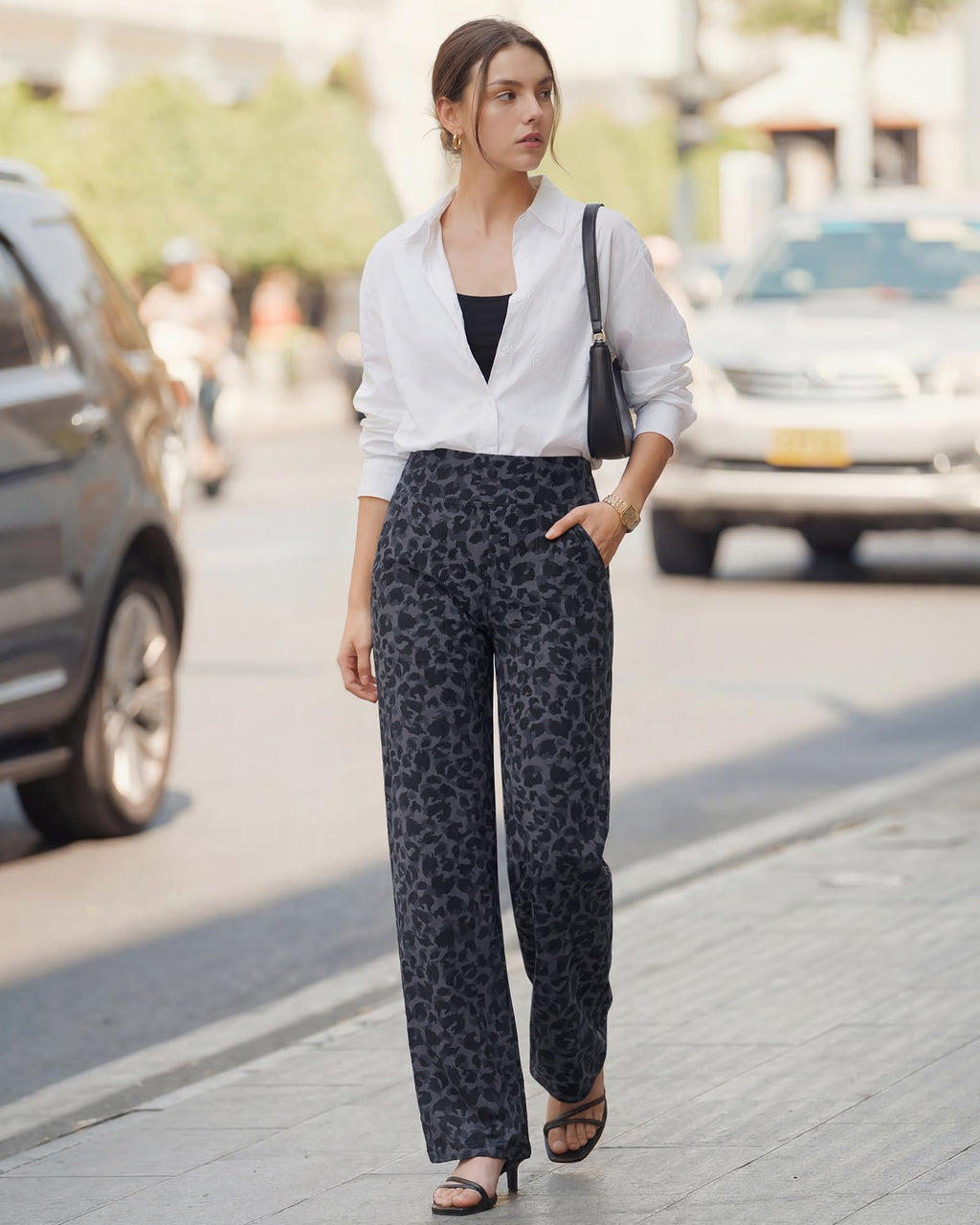 G4free Wide-Leg Pants For Women With Pockets High-Waist Gray Leopard