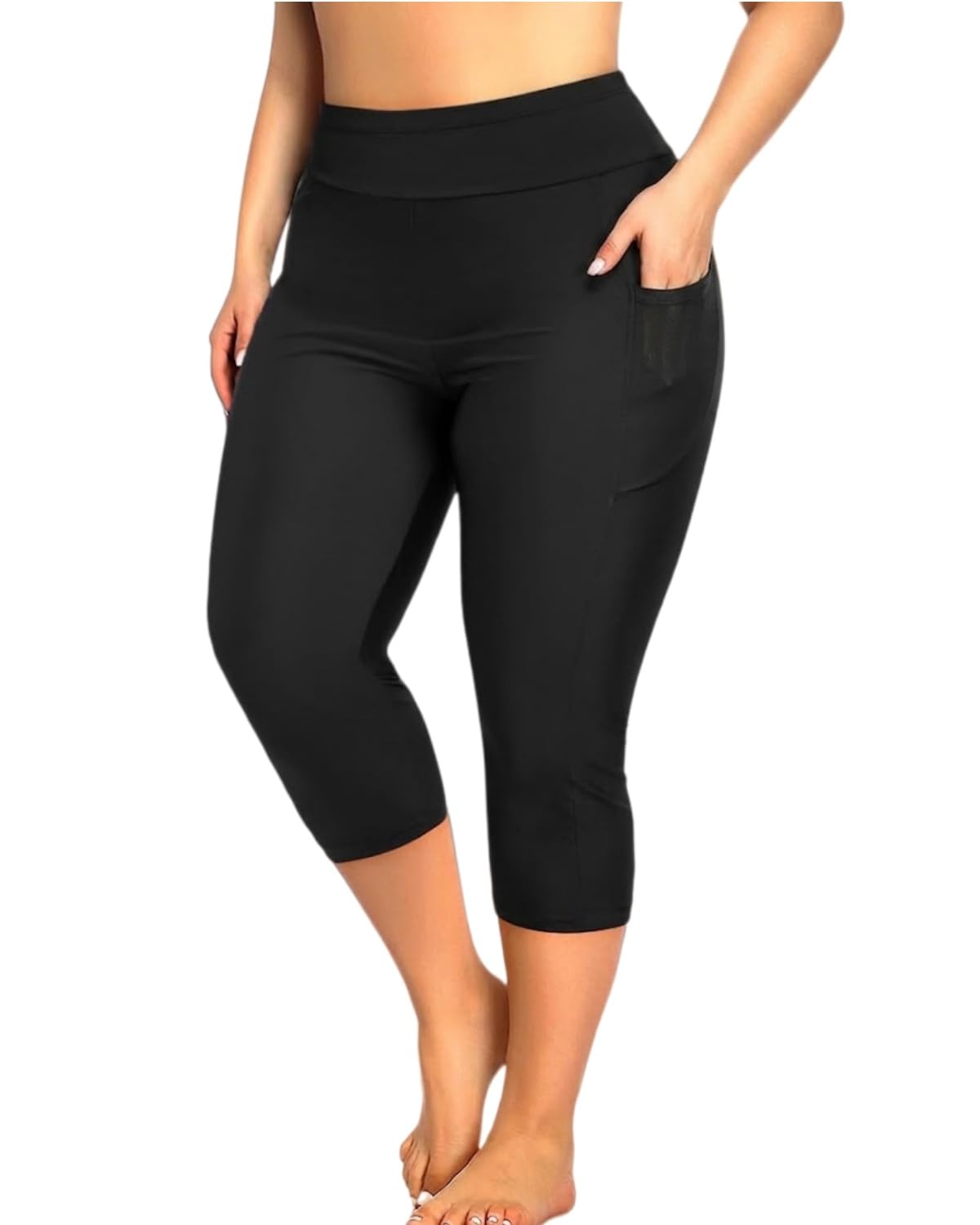 Women's Black Plus Size Rash Guard Pants with Pockets Long Swim Capris 22W