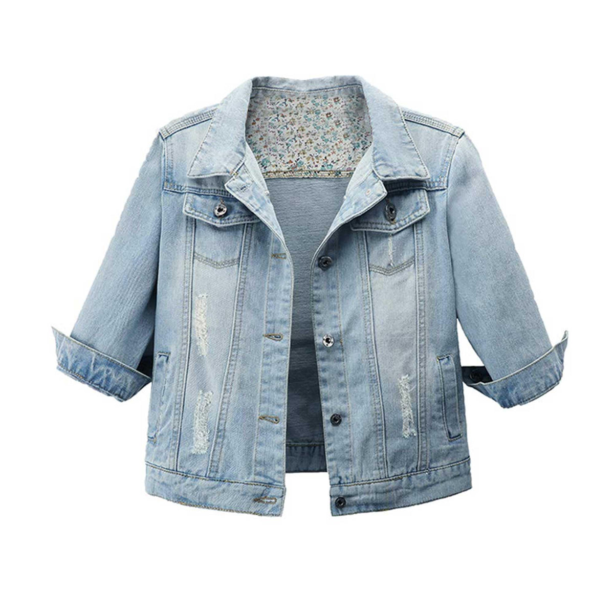 Hixiaohe Spring Summer Jean Jacket For Women Trendy Half Sleeve Button Down Short Denim Retro Cropped Trucker Coat - Light Blue