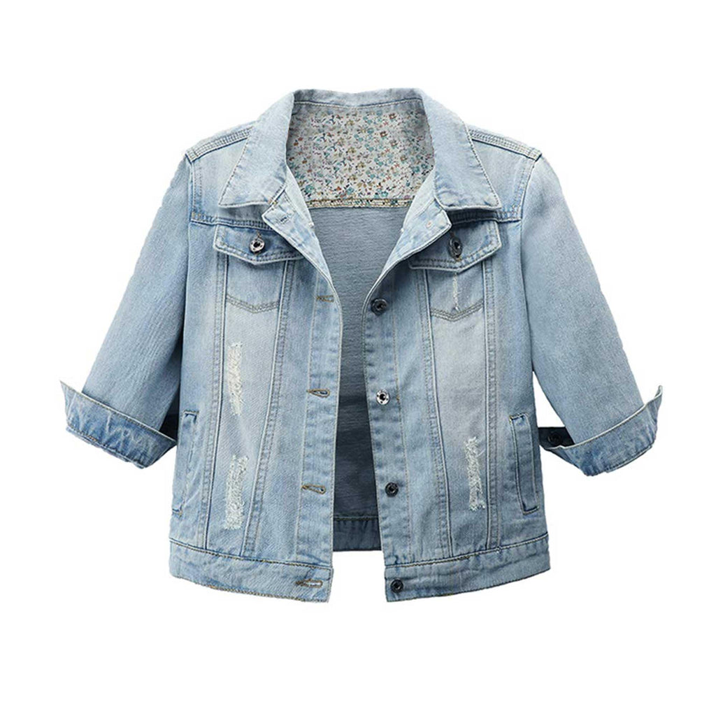 Hixiaohe Spring Summer Jean Jacket For Women Trendy Half Sleeve Button Down Short Denim Retro Cropped Trucker Coat - Light Blue
