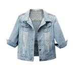 Hixiaohe Spring Summer Jean Jacket For Women Trendy Half Sleeve Button Down Short Denim Retro Cropped Trucker Coat - Light Blue