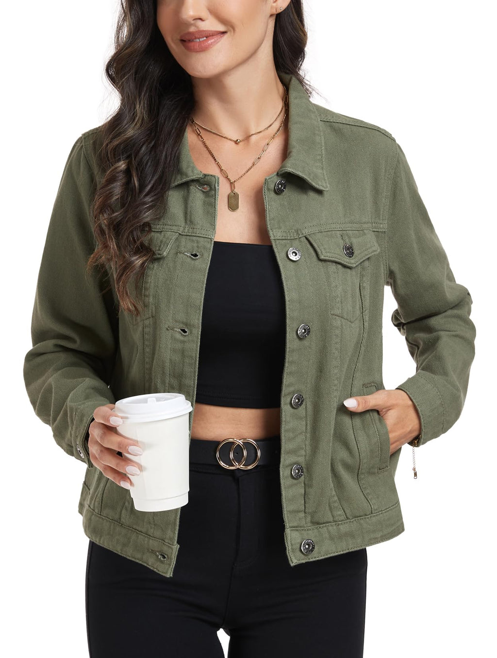 Miss Moly Women's Denim Jacket Classic Button Up Jean Elm Green 2xl