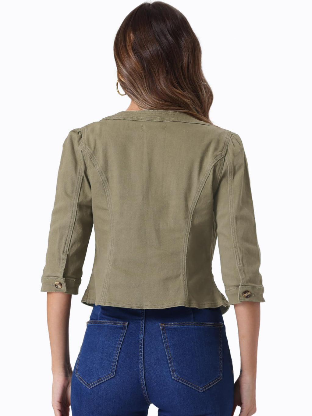 Allegra K Women's Denim Cardigan 3/4 Sleeve Collarless Jean Jackets - Field Grey