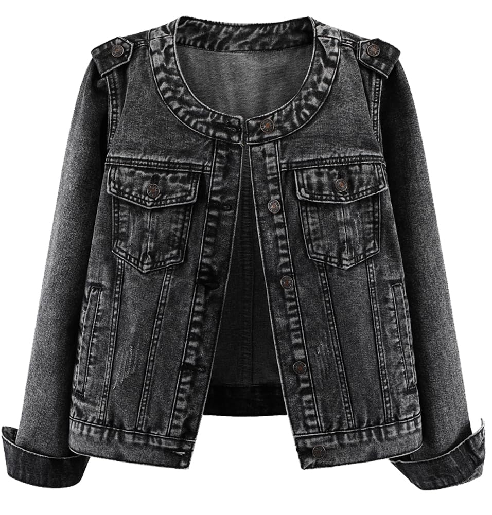 Kedera Women's Denim Jacket Button Down Collarless Long Sleeve Washed Round Neck Jean Jackets - Black01