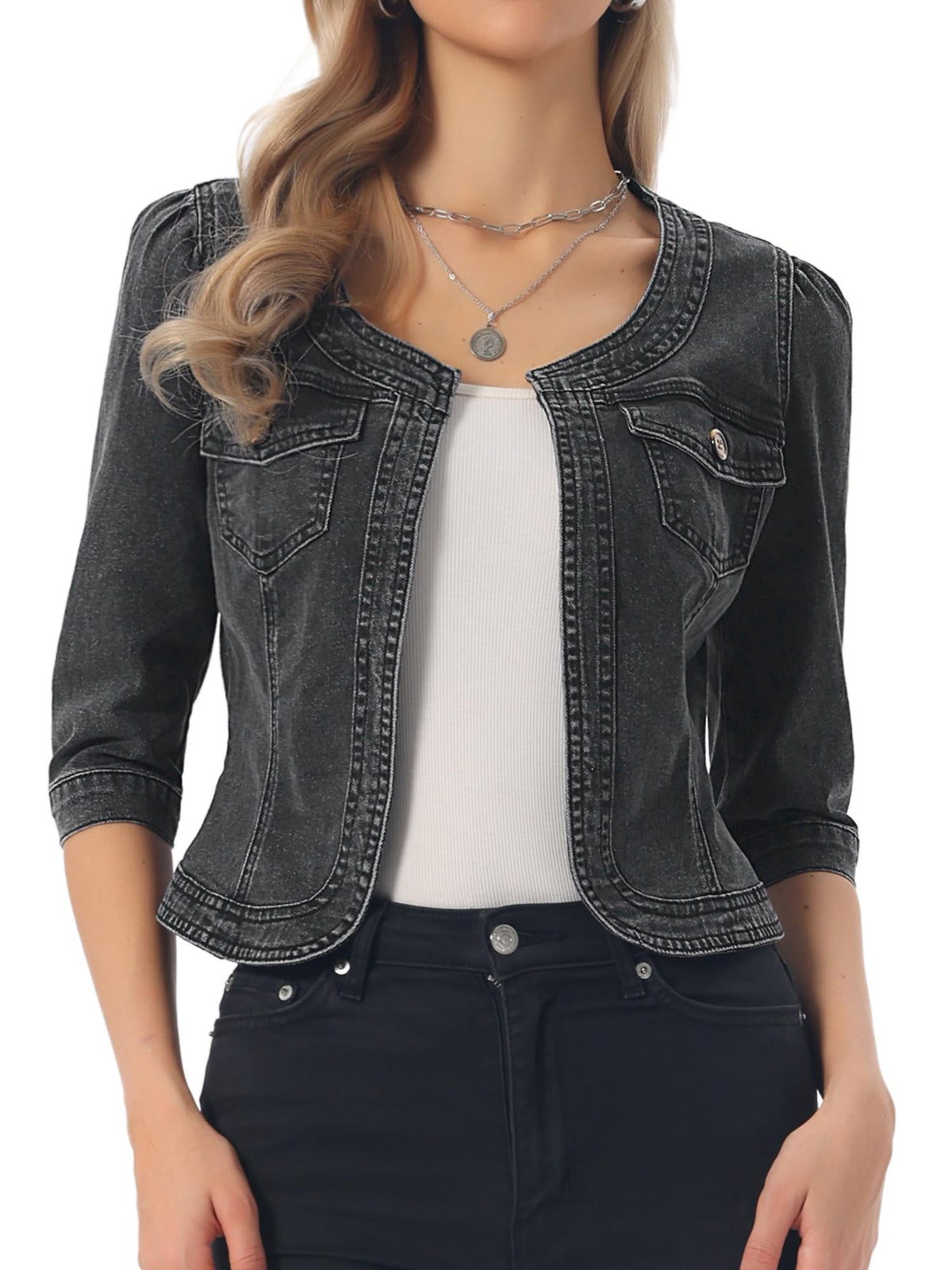 Allegra K Women's Denim Cardigan 3/4 Sleeve Collarless Jean Jackets - Dark Gray