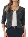 Allegra K Women's Denim Cardigan 3/4 Sleeve Collarless Jean Jackets - Dark Gray