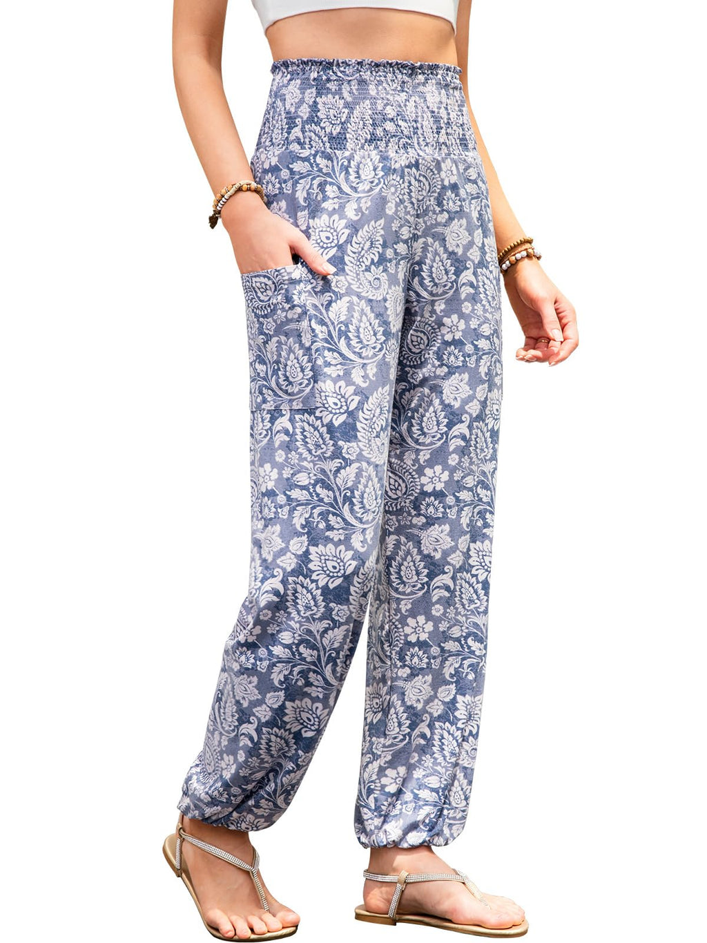 Qianxizhan Women's Harem Pants High-Waist Yoga Boho - Cashew Flower