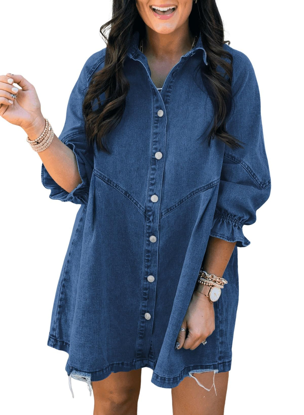 Sidefeel Womens Smocked 3 4 Sleeve Button Down Denim Jeans Dresses Large Blue Jacket - A