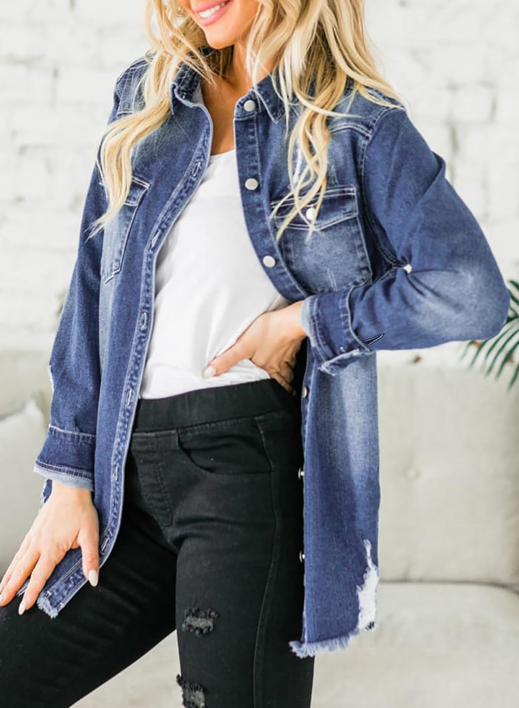 Dokotoo Denim Jacket For Women Distresse Boyfriend Jean Dark Blue M - C2