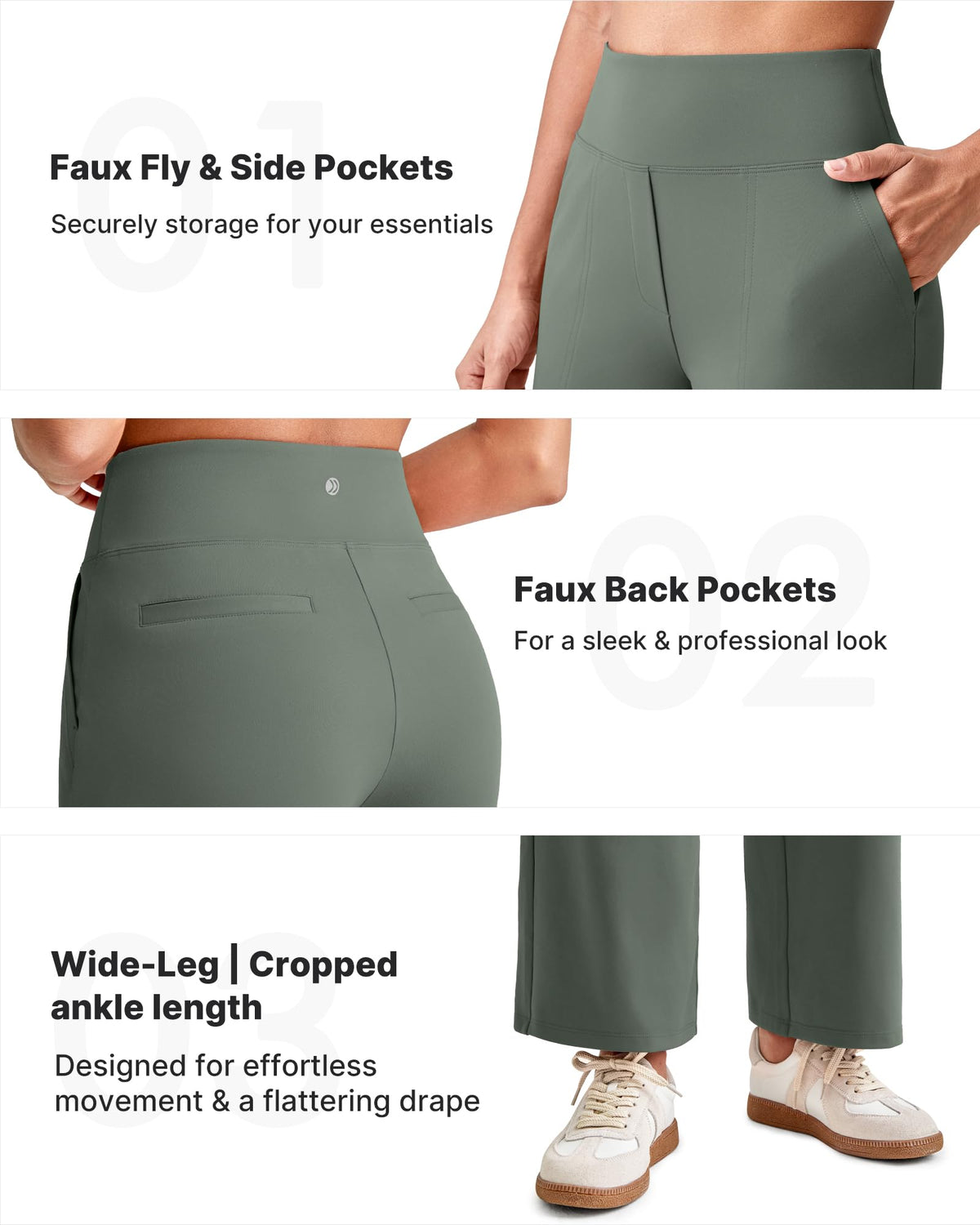 G4free Wide-Leg Yoga Pants Women Cropped With Pockets Grey Sage M