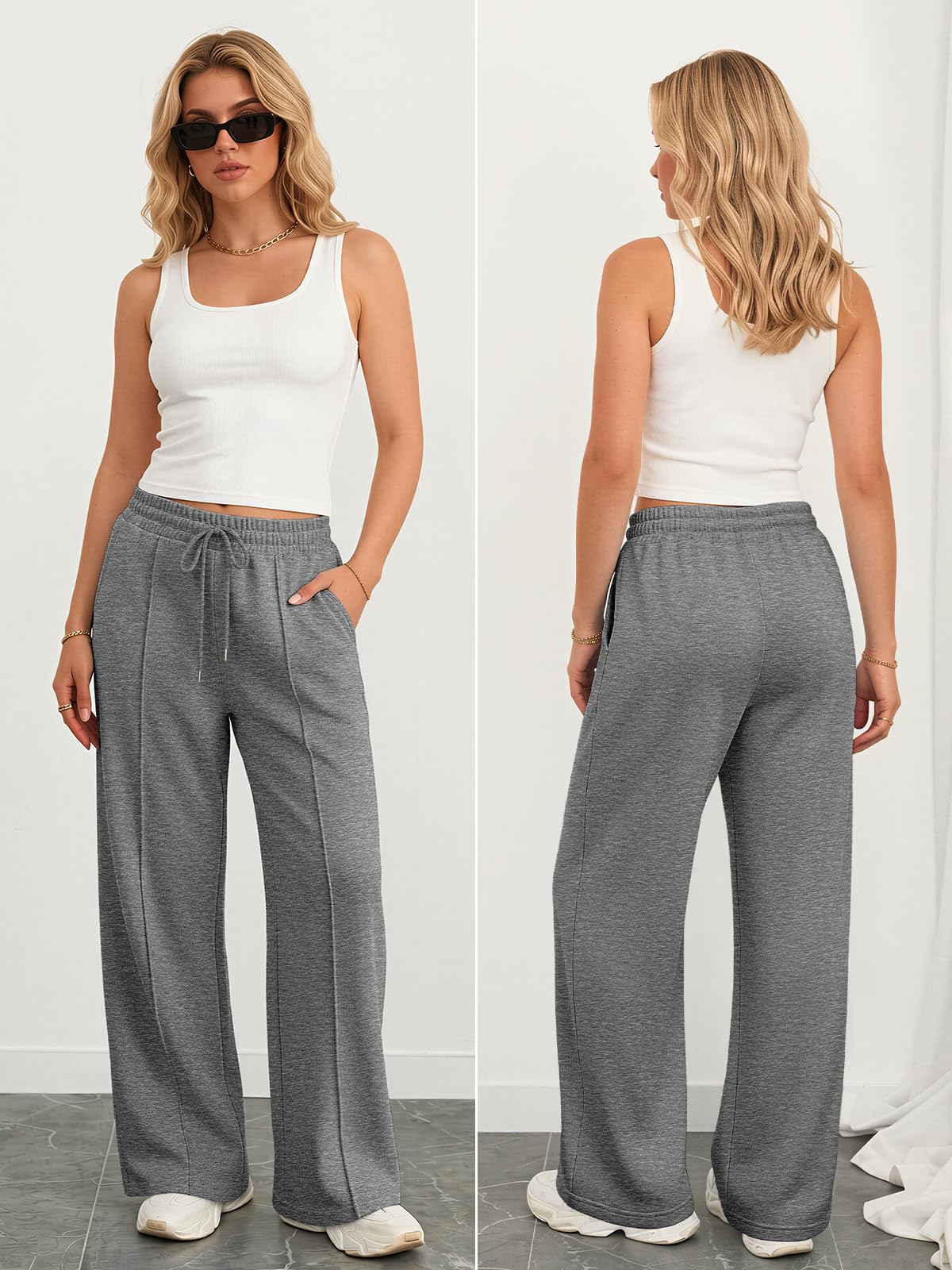 Athmile Women's Wide-Leg Sweatpants High-Waisted Baggy - Dark Grey
