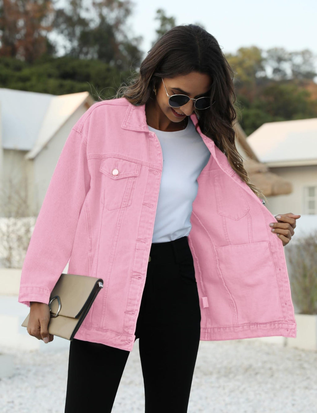 Omoone Women's Oversized Mid Long Denim Jacket Jean Biker Coat(0199-pink-xl)