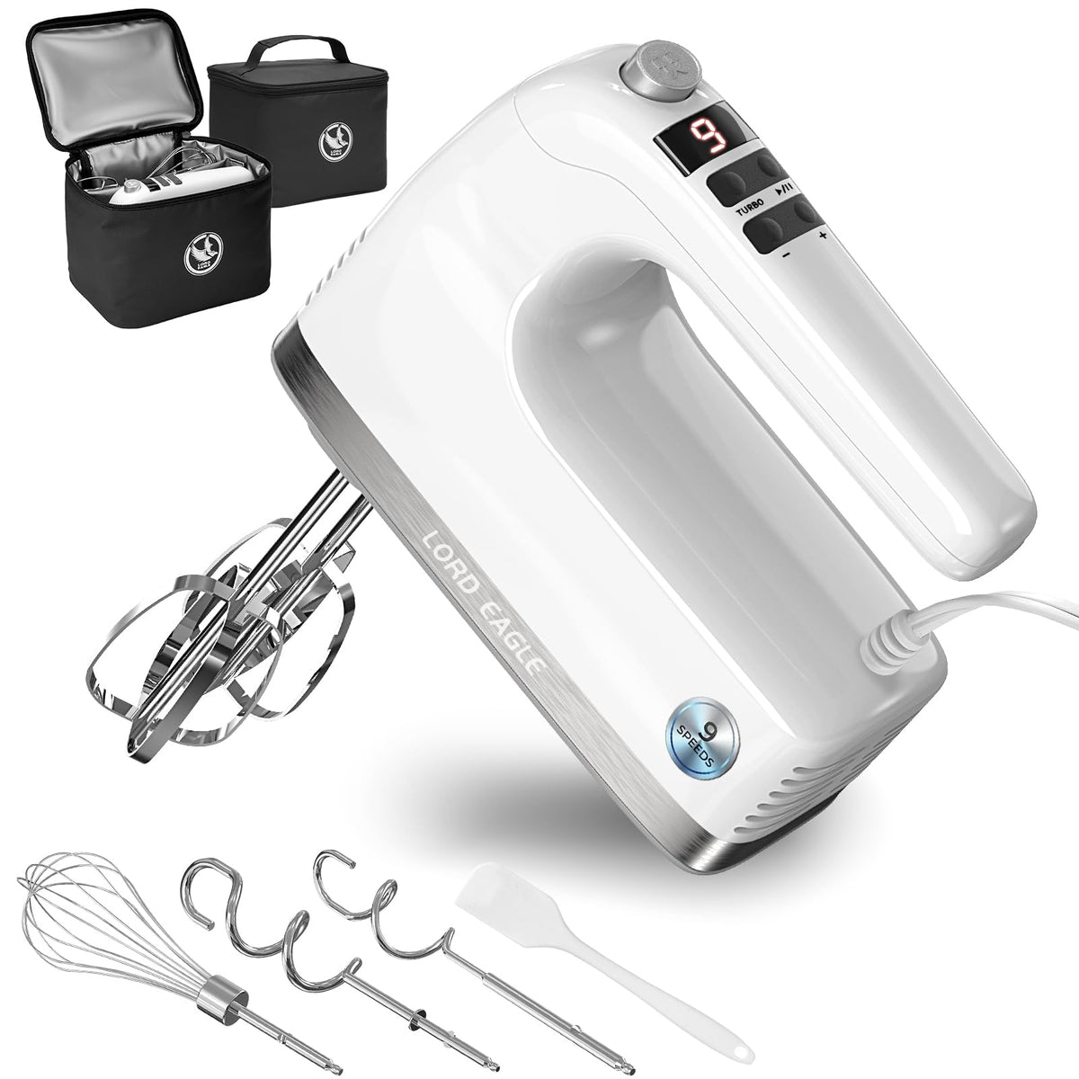 Lord Eagle 9-Speed Digital Hand Mixer Electric Handheld, 500W DC Motor Kitchen Mixer for Cake Baking, Lightweight Egg Beaters with Stain-resistant & Waterproof Storage Bag & 6 Accessories