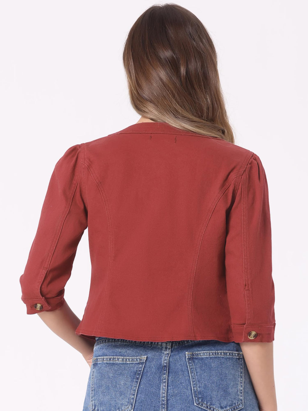 Allegra K Women's Denim Cardigan 3/4 Sleeve Collarless Jean Jackets - Brick Red
