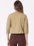 Allegra K Women's Denim Cardigan 3/4 Sleeve Collarless Jean Jackets - Khaki