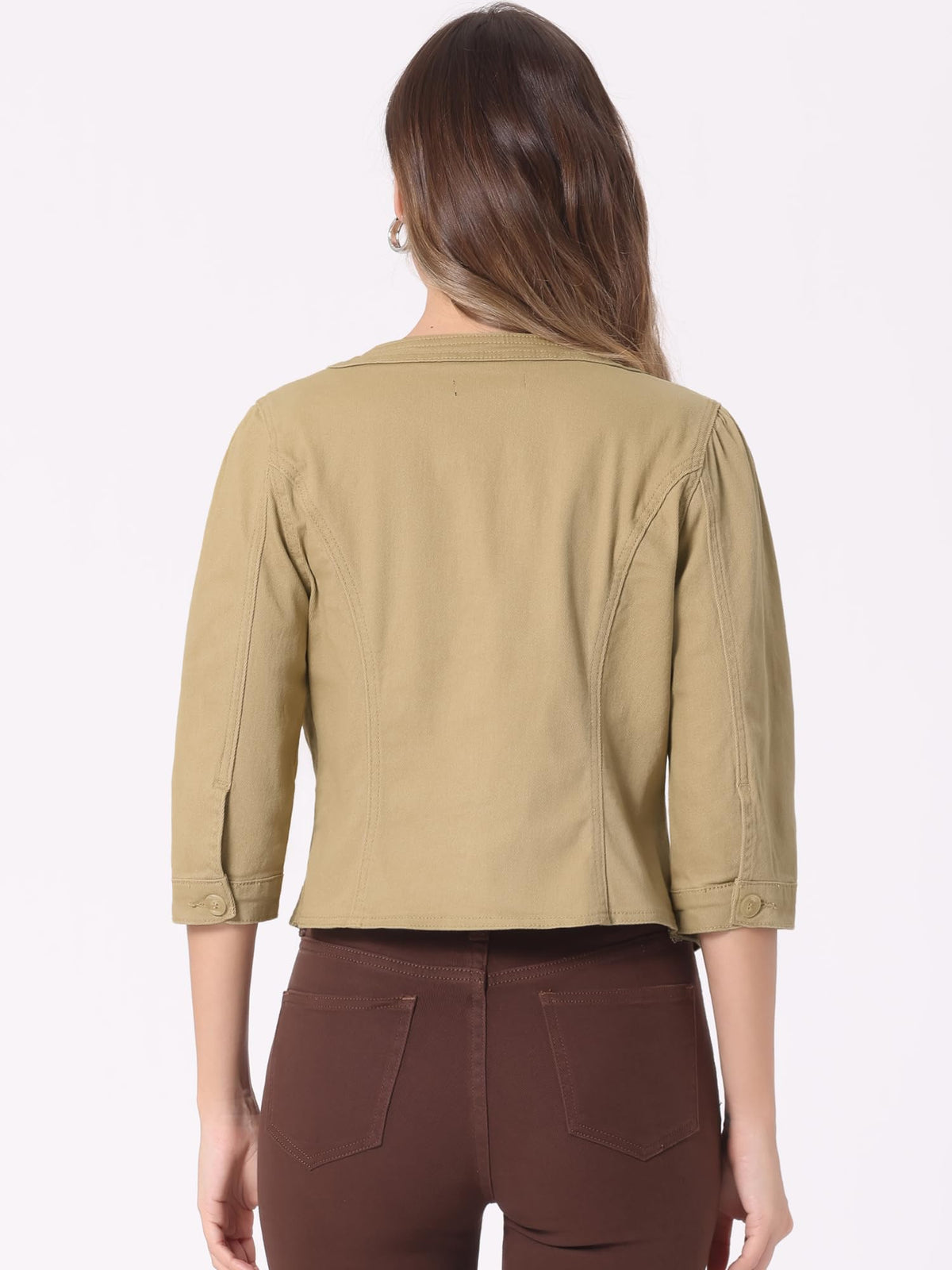 Allegra K Women's Denim Cardigan 3/4 Sleeve Collarless Jean Jackets - Khaki