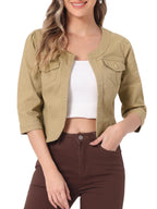 Allegra K Women's Denim Cardigan 3/4 Sleeve Collarless Jean Jackets - Khaki