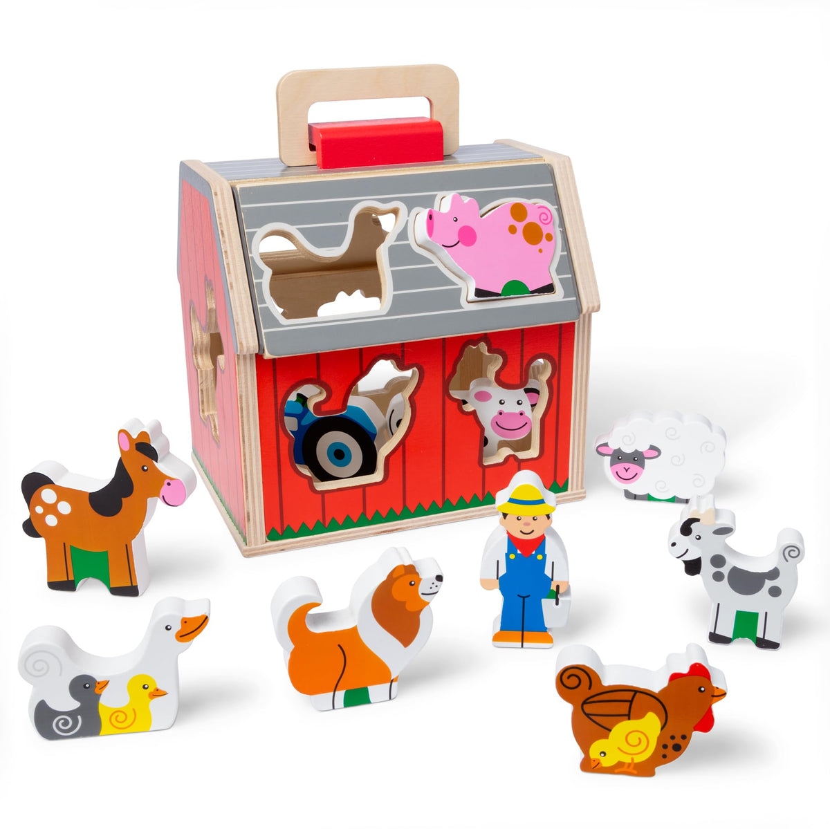 Melissa & Doug Take-Along Wooden Toy Barn, 11-Pc Portable Toddler Playset with Farm Animals & Pop-Up Roof, Preschool Learning Toys for Girls & Boys 2+