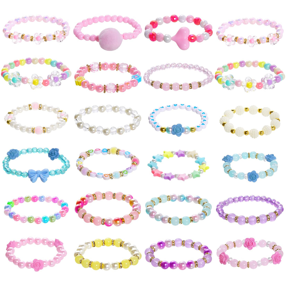 Dxhycc 24 Pieces Princess Bracelets Girls Beaded Bracelets Little Girls Costume Jewelry Set for Birthday Party Favors