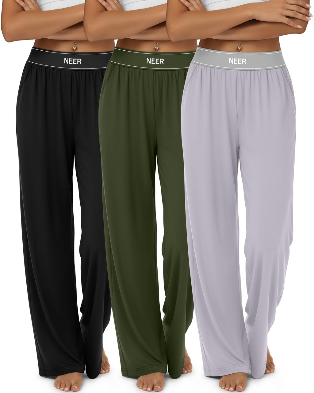 Neer 3 Pack Women's Cotton Lounge High-Waisted Pants 3-color - Size Medium