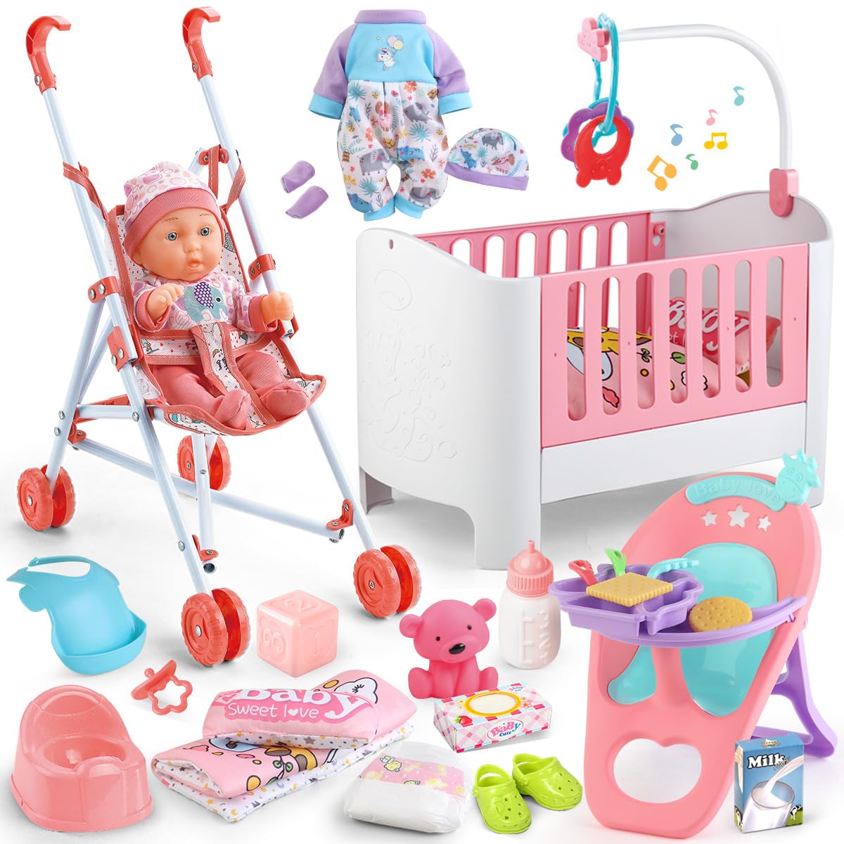 Baby Doll Crib and Stroller Accessories Play Set with 11" Baby Doll,Dining Chair,24 PCS Dolls Accessories and 2 Sets Clothes,Realistic Pretend Play for Girls Kids 3-5 4-6 5-7 Year Gifts
