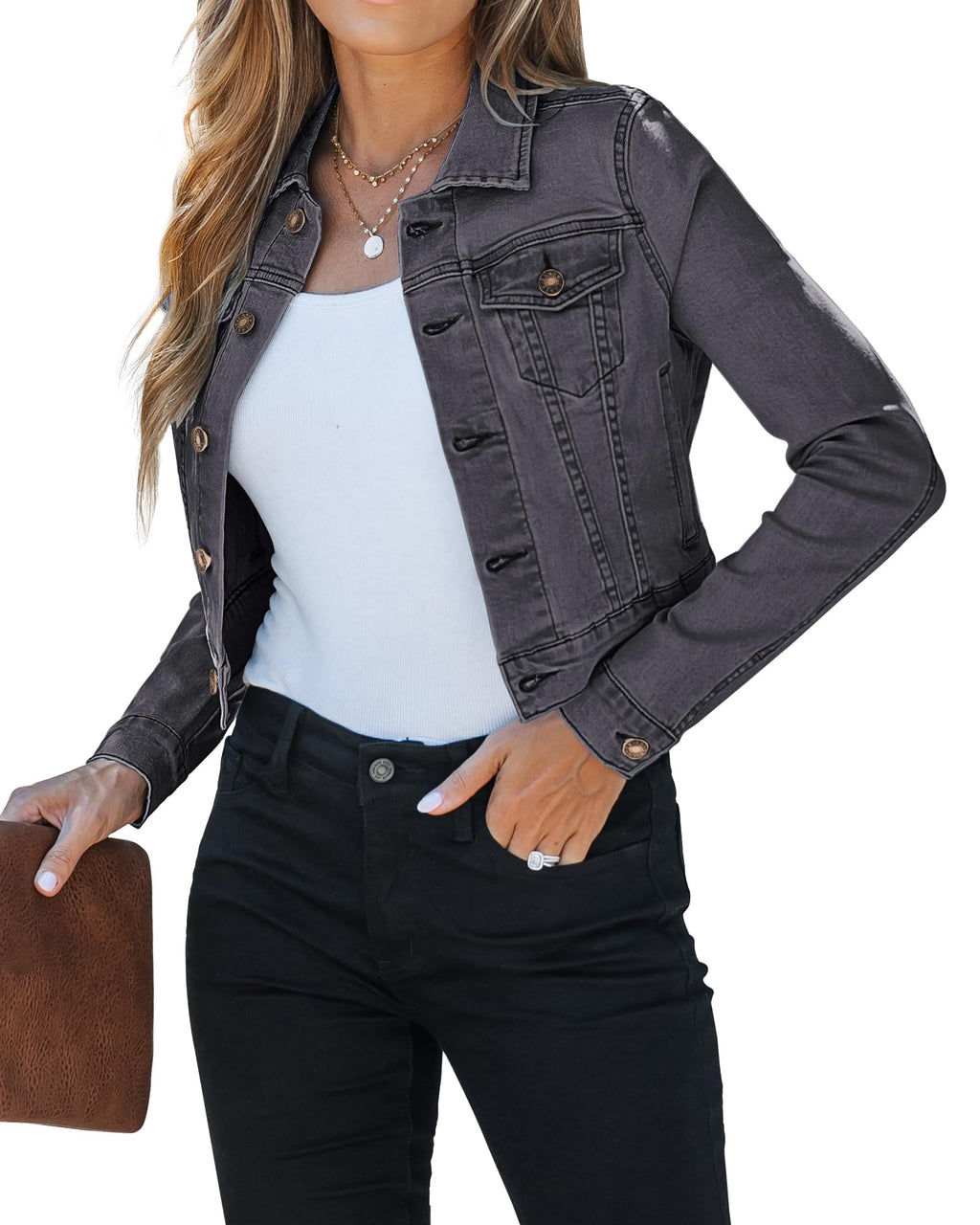 Luvamia Cropped Jean Jackets For Women Fashion Short Denim Shacket Jacket Lightweight Fitted Stretchy With Pockets Country Concert Wear