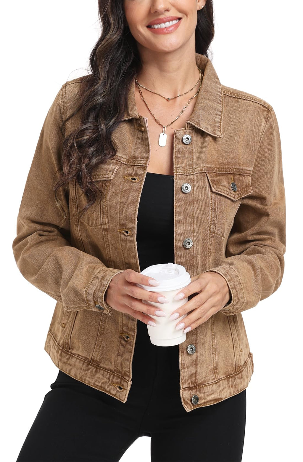 Miss Moly Women's Denim Jacket Classic Button Up Jean Brown L - Almond