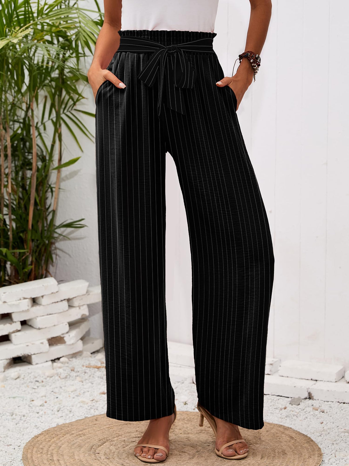Heymoments Women's Wide-Leg Lounge Pants With Pockets B Stripe Medium