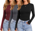 Ekouaer 3 Pack Long Sleeve Shirts for Women with Thumb Holes Casual Tops Burgundy/Dark Grey/Black XS