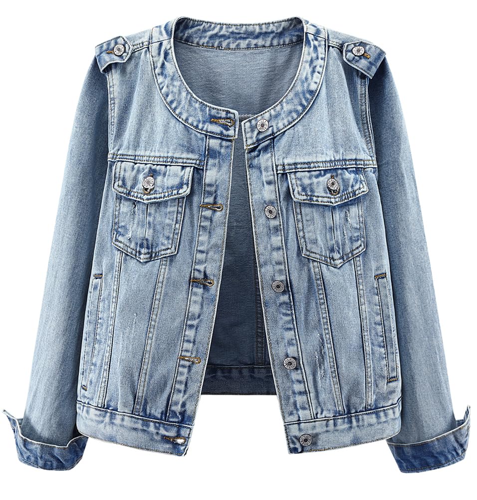 Kedera Women's Denim Jacket Button Down Round Neck Long Sleeve Washed Cute Jean Jackets - Light Blue