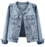 Kedera Women's Denim Jacket Button Down Round Neck Long Sleeve Washed Cute Jean Jackets - Light Blue