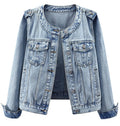 Kedera Women's Denim Jacket Button Down Round Neck Long Sleeve Washed Cute Jean Jackets - Light Blue