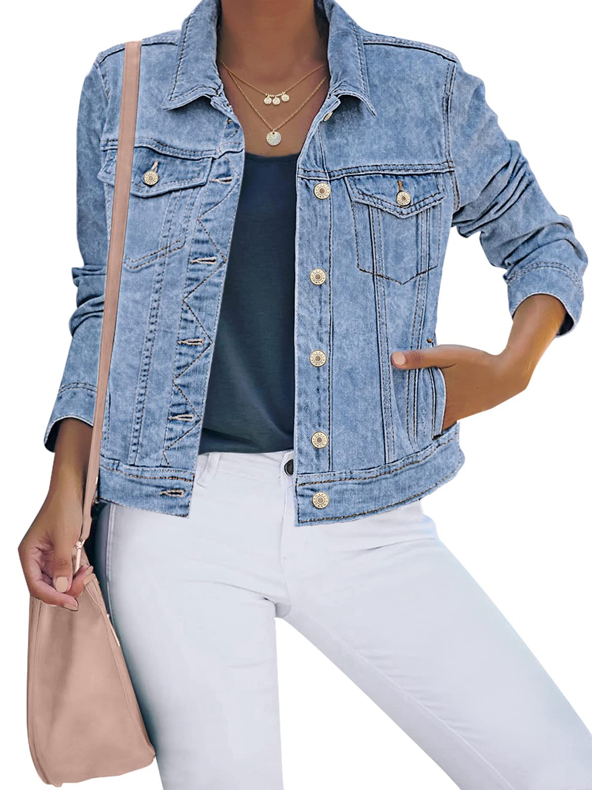 Luvamia Womens Jean Jacket Stretchy Denim Fall Jackets For Women - Snow Wash Mid Blue