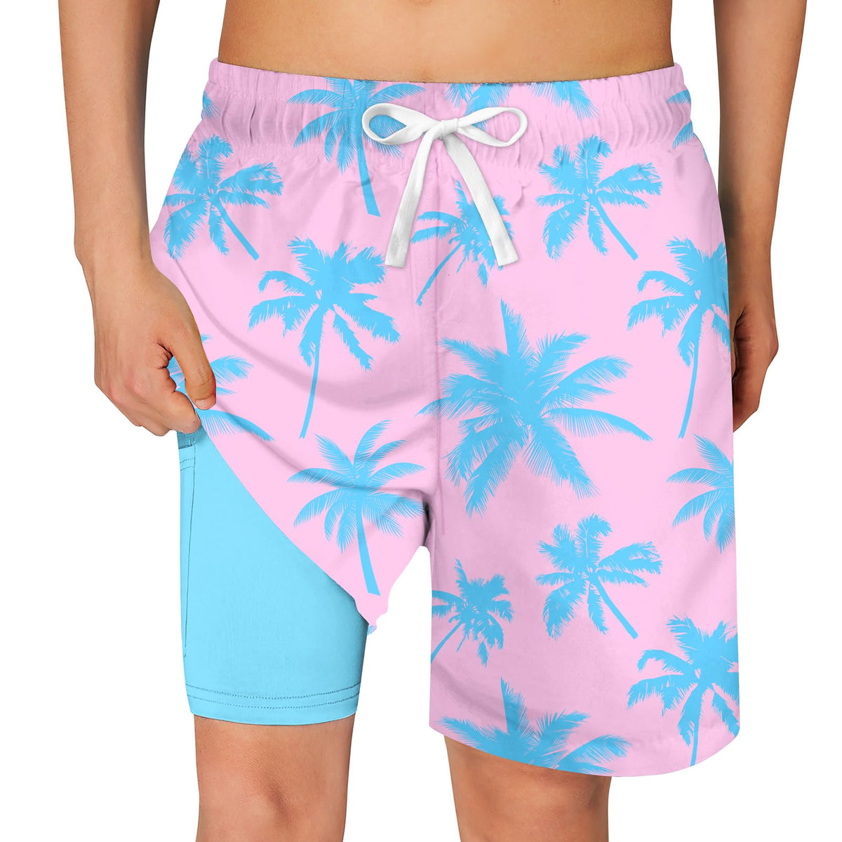 Cozople Bathing Suits for Teens Funny Hawaii Stylish Swim Trunks Swimwear Boxer Brief Liner Beach Board Shorts Black White Palm Soft Elastic Waist Surf Swimsuit for Casual Sports Running Size 18-20