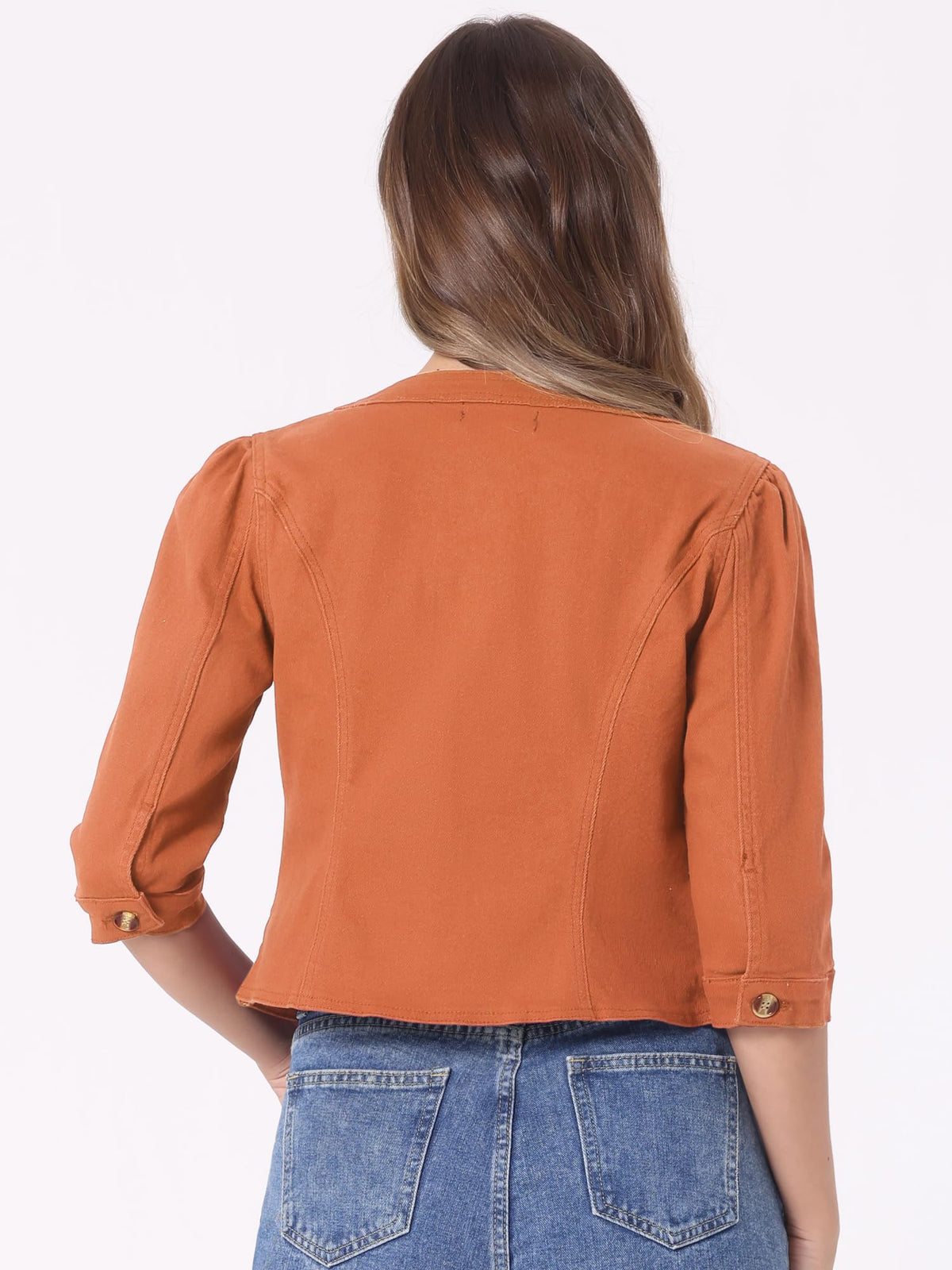 Allegra K Women's Denim Cardigan 3/4 Sleeve Collarless Jean Jackets - Orange