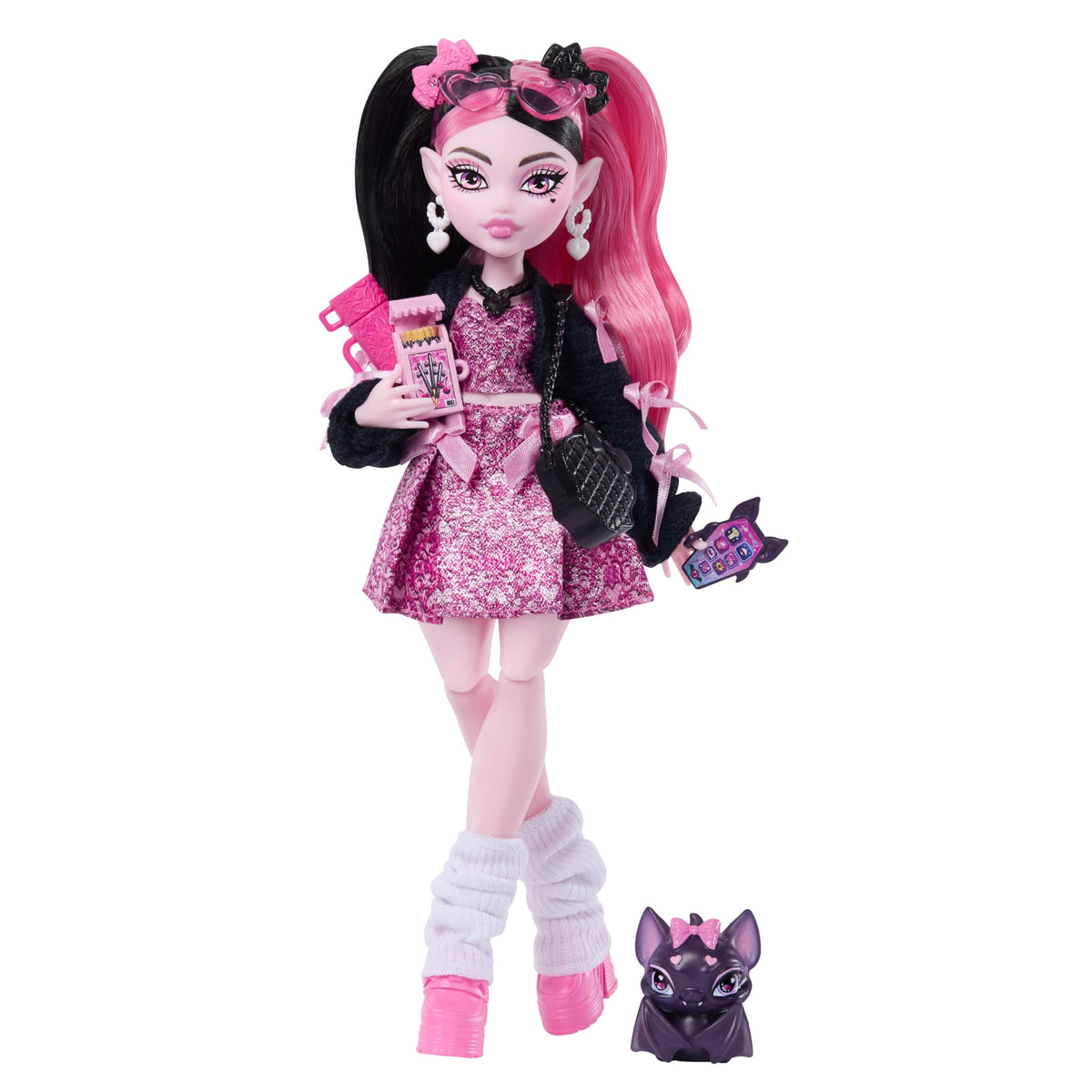 Monster High Doll, Draculaura in Pink Bow Dress and Black Cardigan with Pet Bat Count Fabulous and 7 Accessories Like Ramen, Lipstick and Purse