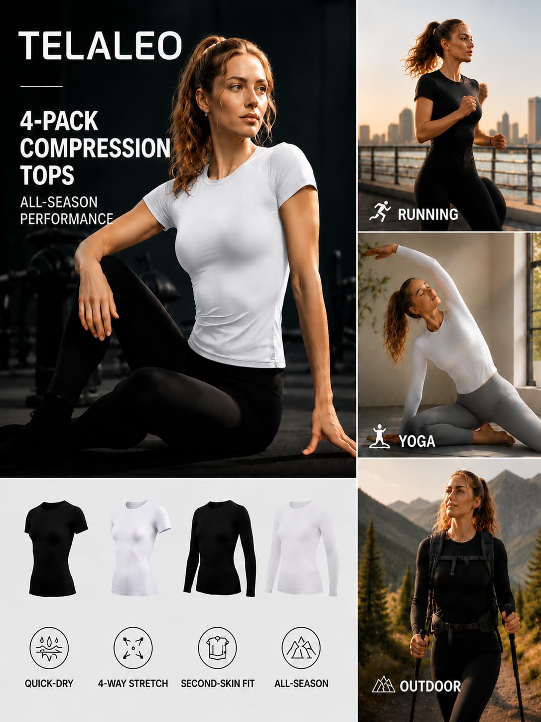 TELALEO 4-Pack Compression Shirt Women Long Short Sleeve Underscrubs-4Black XL