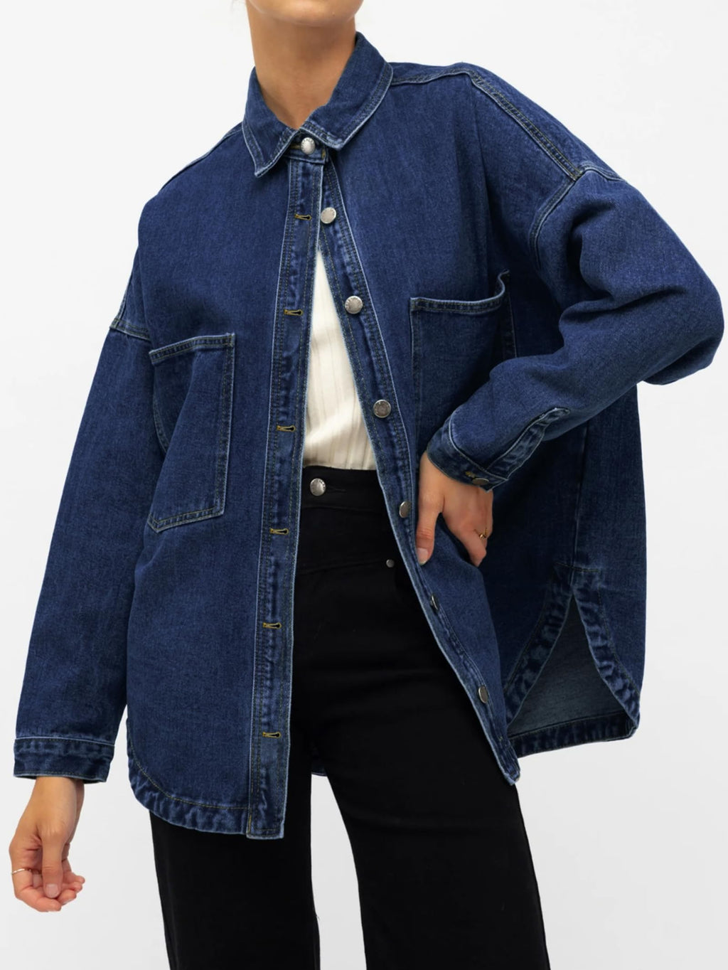 Emmiol Women Denim Shirts Oversized Long Sleeve Button Down Blouse Distresse Jean Jacket Fall Outfits 2026 Deep Blue,xl