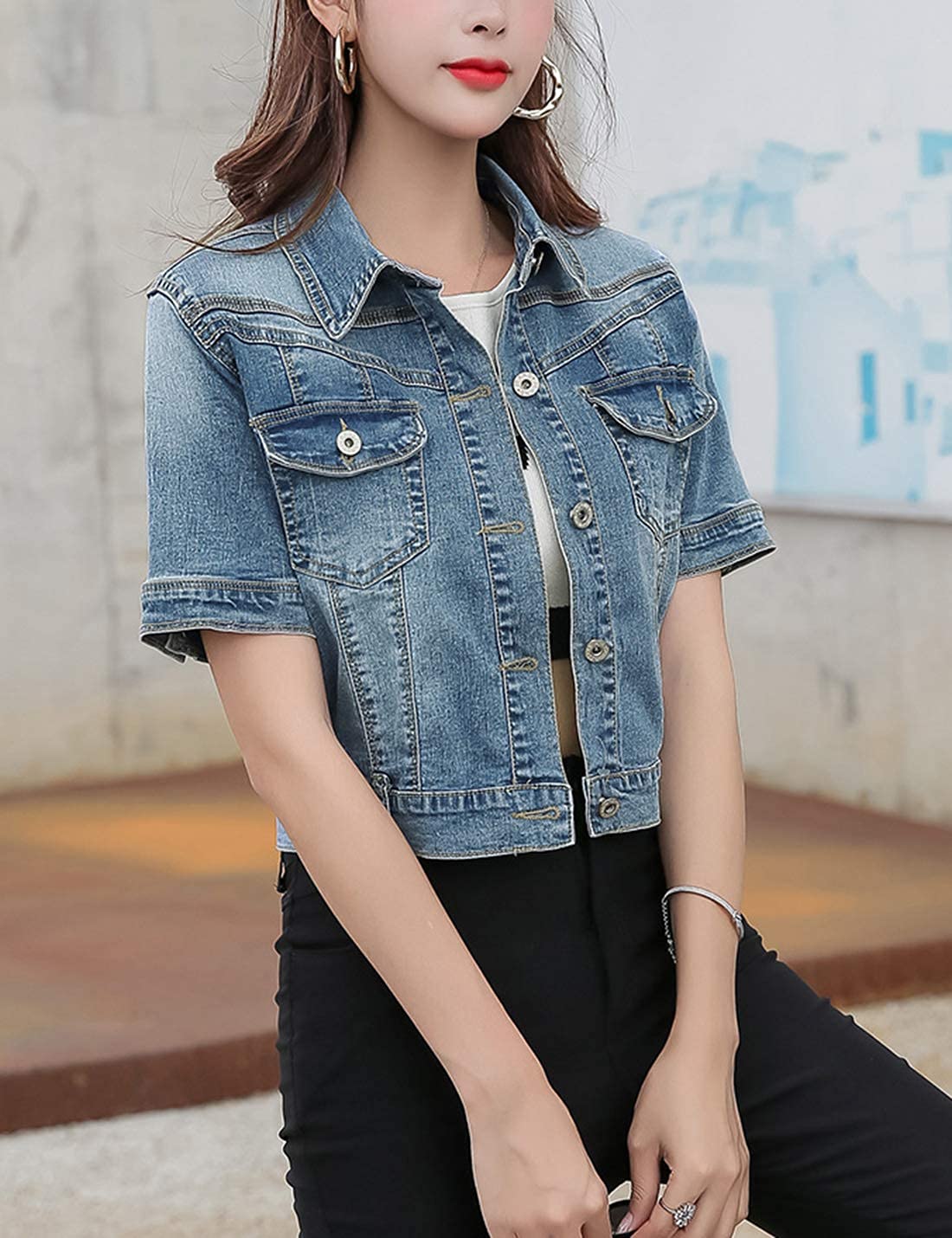 Omoone Women's Summer Short Sleeve Crop Denim Trucker Jacket Jean Coat Tops(darkblue-xxl) - Dark Blue