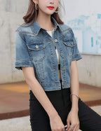 Omoone Women's Summer Short Sleeve Crop Denim Trucker Jacket Jean Coat Tops(darkblue-m) - Dark Blue