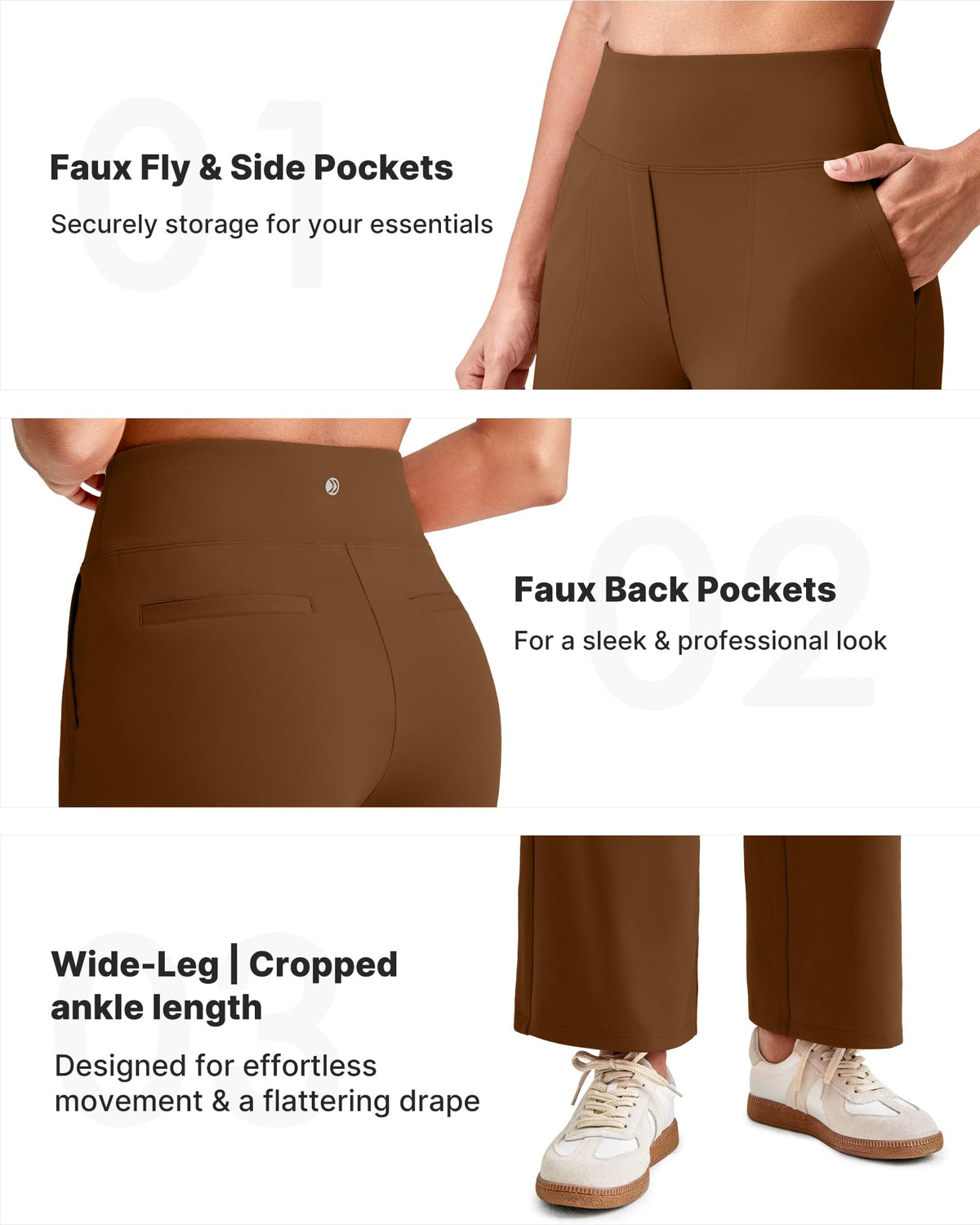 G4free Wide-Leg Pants For Women Cropped With Pockets Dark Coffee Xl