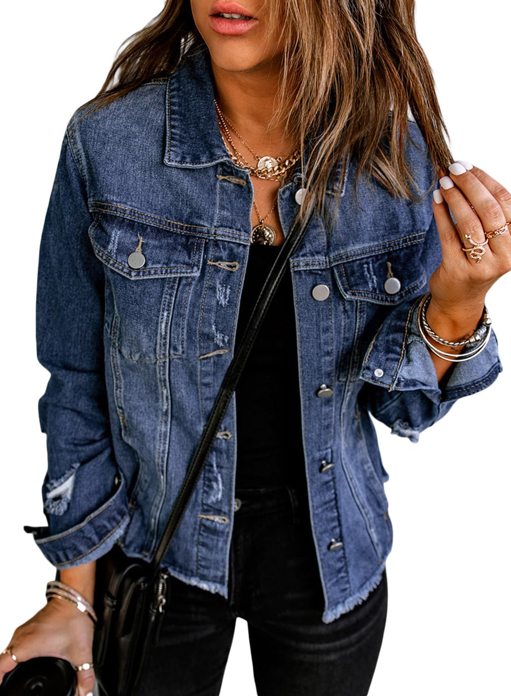 Women's Evaless Ripped Distressed Boyfriend Jean Denim Jacket 2026 Trendy Washed Long Sleeve Fall Winter Spring Trucker Western Country