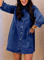 Sidefeel Womens Smocked 3 4 Sleeve Button Down Denim Jeans Dresses Large Blue Jacket - A
