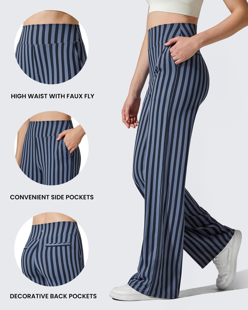 G4free Wide-Leg Pants For Women With Pockets Stretch Navy Stripe S