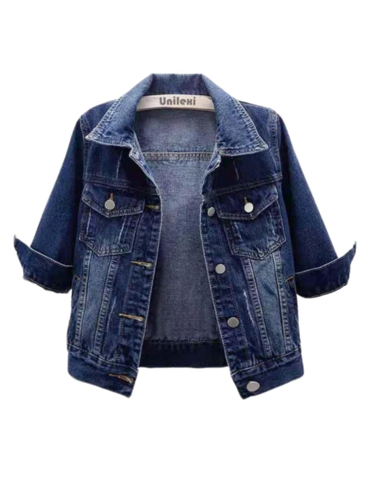 Unilexi Women's 3/4 Sleeve Colored Cropped Denim Jacket Light Wash Short Jean Trucker Coat(0096-darkblue-m) - Dark Blue