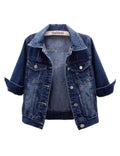 Unilexi Women's 3/4 Sleeve Colored Cropped Denim Jacket Light Wash Short Jean Trucker Coat(0096-darkblue-xs) - Dark Blue