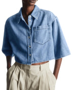 Tankaneo Womens Denim Top Shirt Half Sleeve Button Down Cropped Jean Jacket - Light Blue