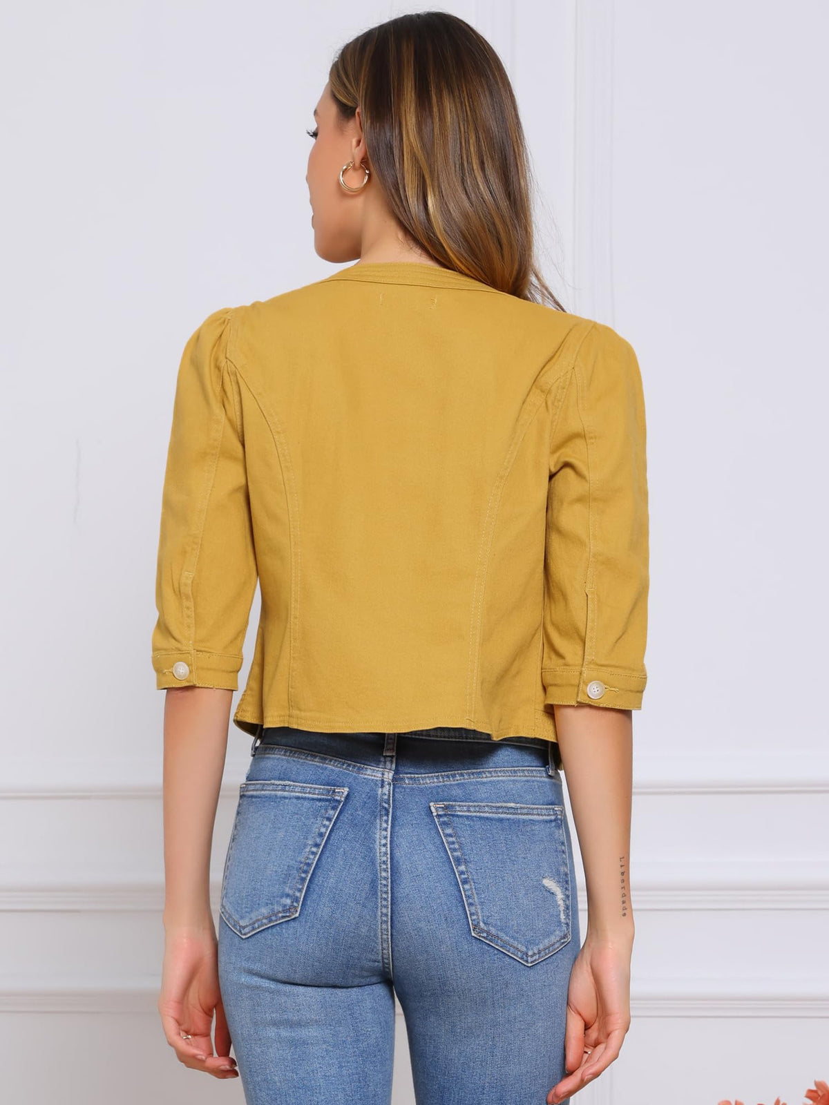 Allegra K Women's Denim Cardigan 3/4 Sleeve Collarless Jean Jackets - Yellow